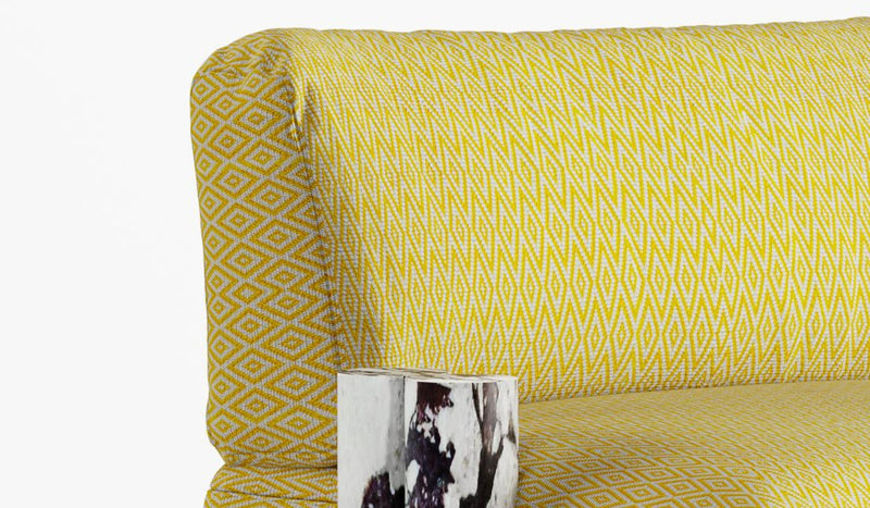 Cassiopea luxury armchair, in yellow fabric and Calacatta Viola marble 