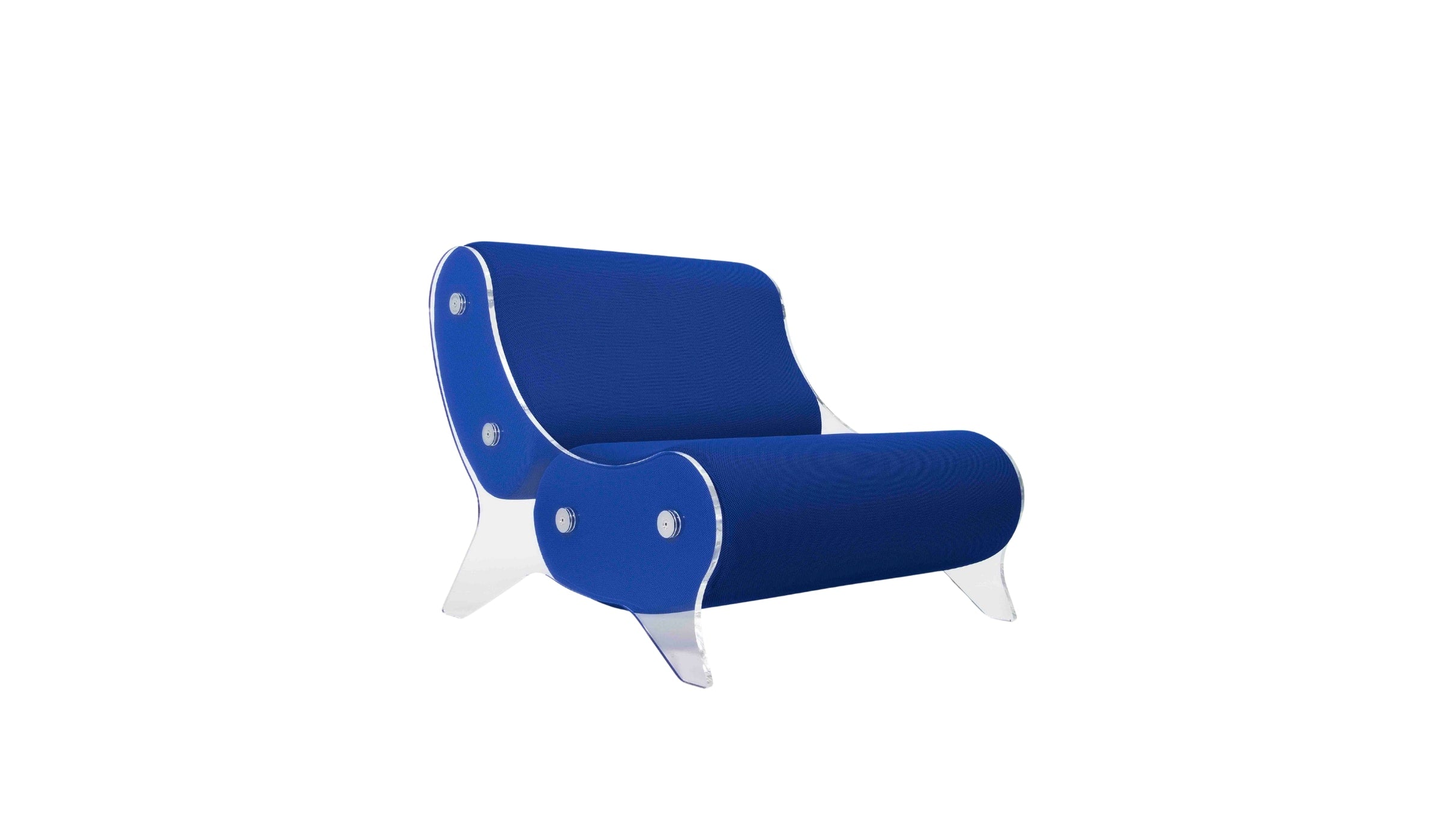 Kuumo minimalist armchair, blue-grey PMMA and blue fabric