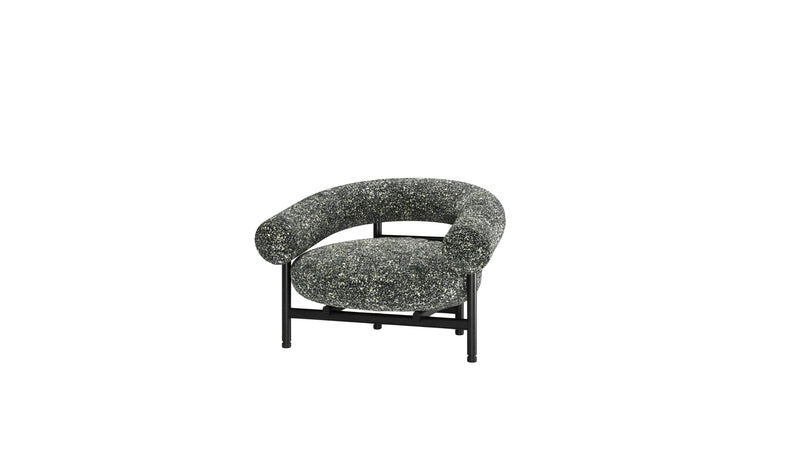 Fauteuil confortable Loop, bois noir et tissu noir et blanc