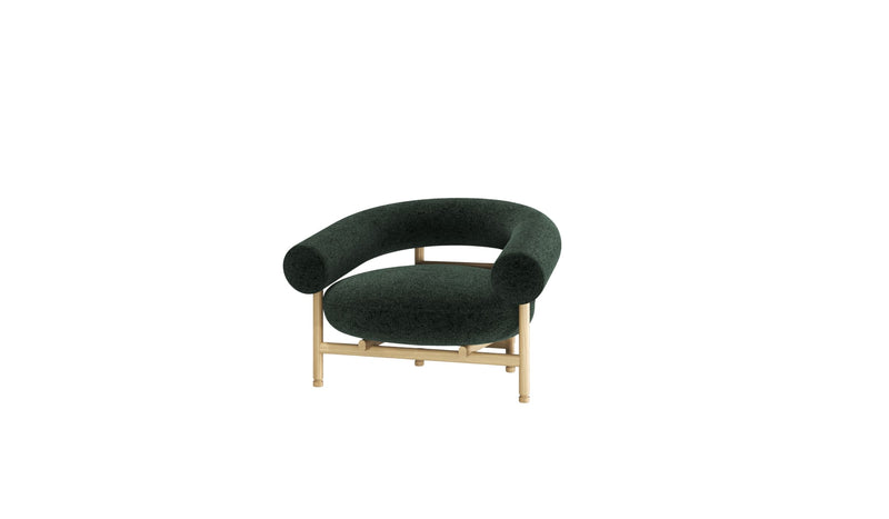 Comfortable Loop armchair, natural wood and green fabric 