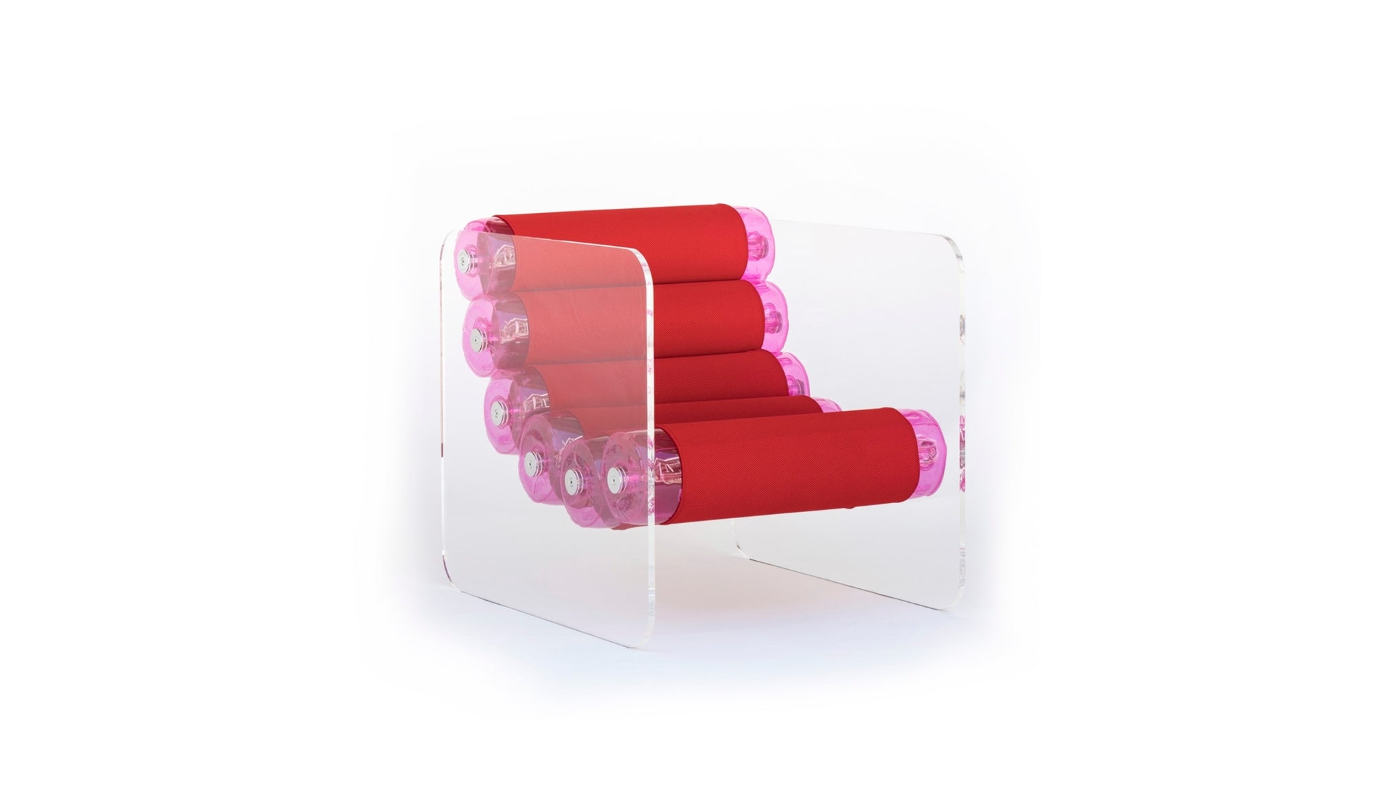 Modern armchair MW02, seat in pink TPU and red fabric