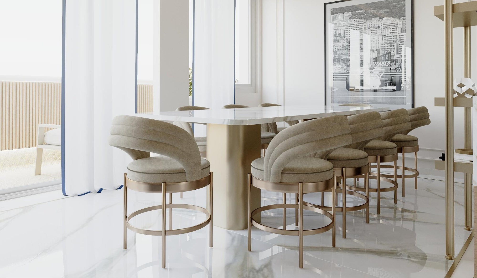 Elegant Fileo chair, ergonomic, in beige alcantara and gold metal