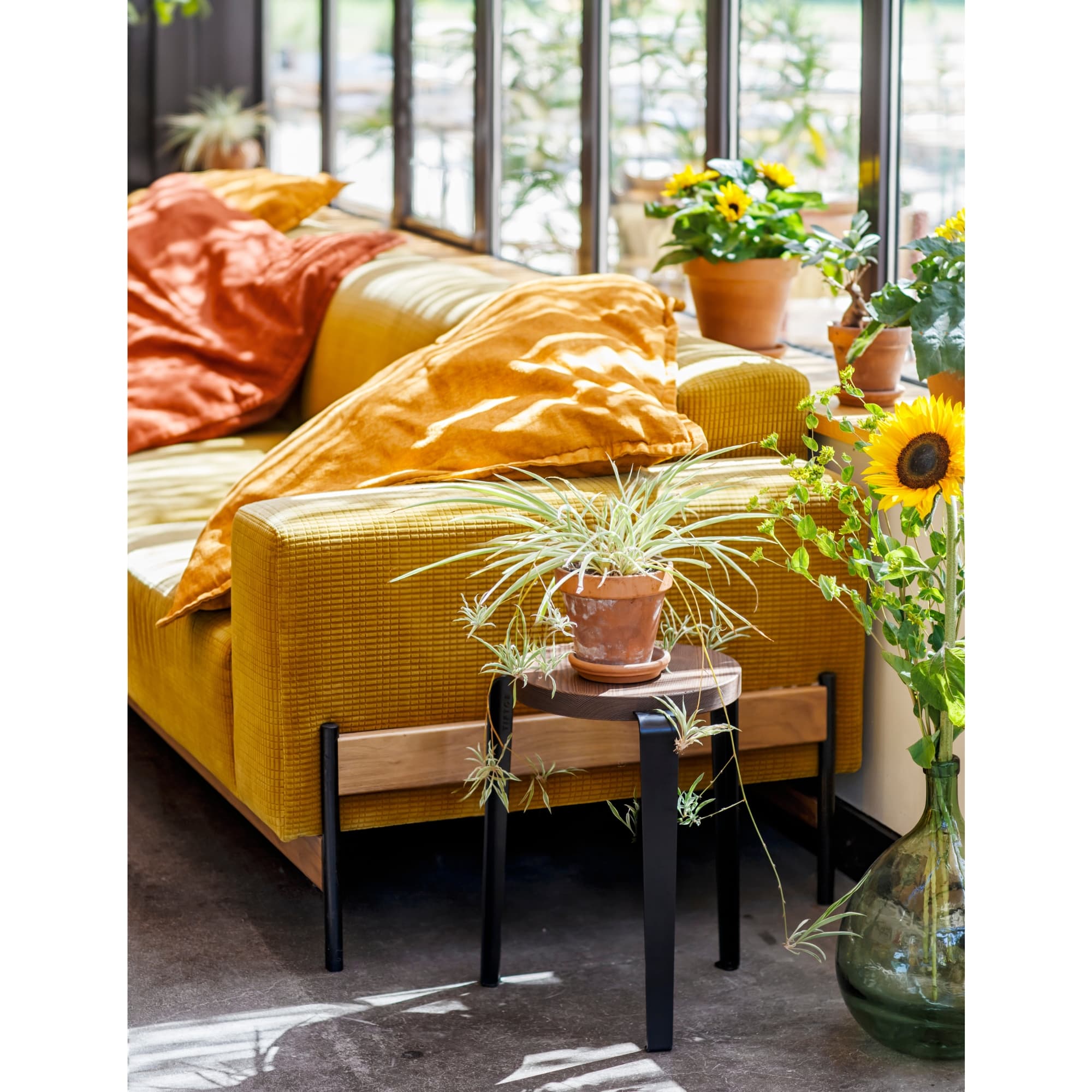 Tabouret Lou noir en chêne utilisé comme table d’appoint dans un salon ensoleillé aux accents jaunes et végétation abondante.