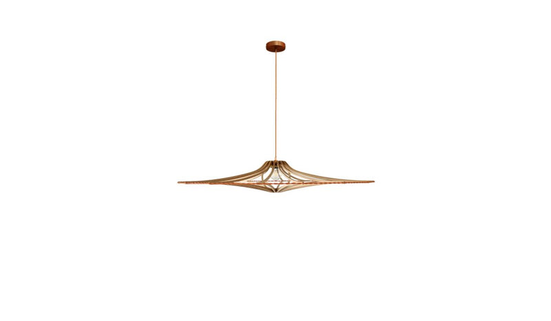 Contemporary Singing L pendant light, raw wood, copper elastic, copper finish