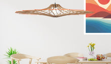 Contemporary Singing L pendant light, raw wood, orange elastic, linen &amp; wood finish