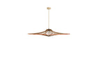 Contemporary Singing L pendant light, raw wood, orange elastic, linen &amp; wood finish