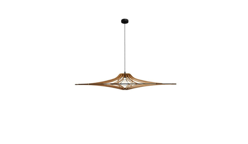 Contemporary Singing L pendant light, raw wood, black elastic, black cotton &amp; metal finish