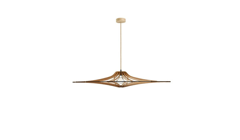 Contemporary Singing L pendant light, raw wood, black elastic, linen &amp; wood finish