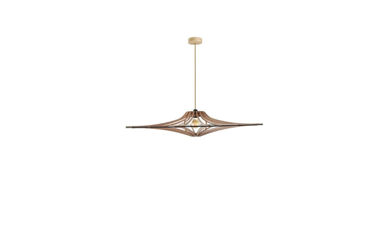 Contemporary Singing M pendant light, raw wood, black elastic, linen &amp; wood finish