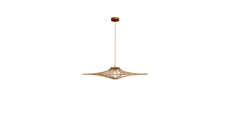 Contemporary Singing M pendant light, raw wood, copper elastic, copper finish