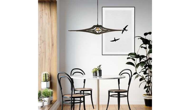 Contemporary Singing M pendant light, black stained wood, black elastic, black cotton &amp; metal finish