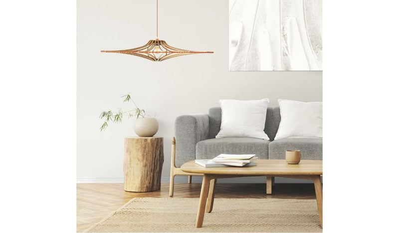 Contemporary Singing M pendant light, raw wood, copper elastic, copper finish