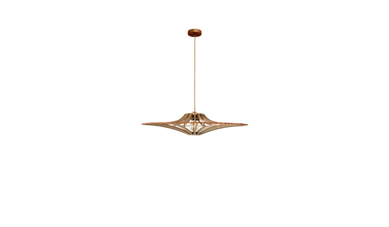 Contemporary Singing S pendant light, raw wood, copper elastic, copper finish