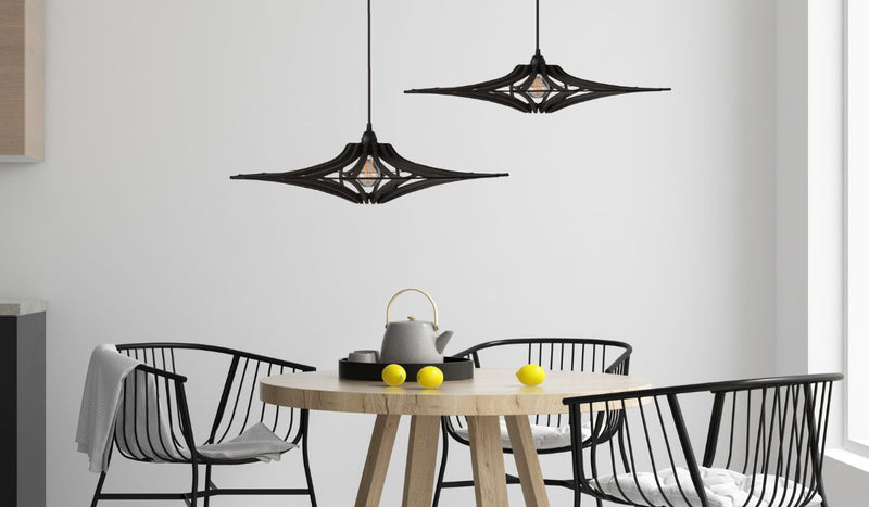 Contemporary Singing S pendant light, black stained wood, black elastic, black cotton &amp; metal finish