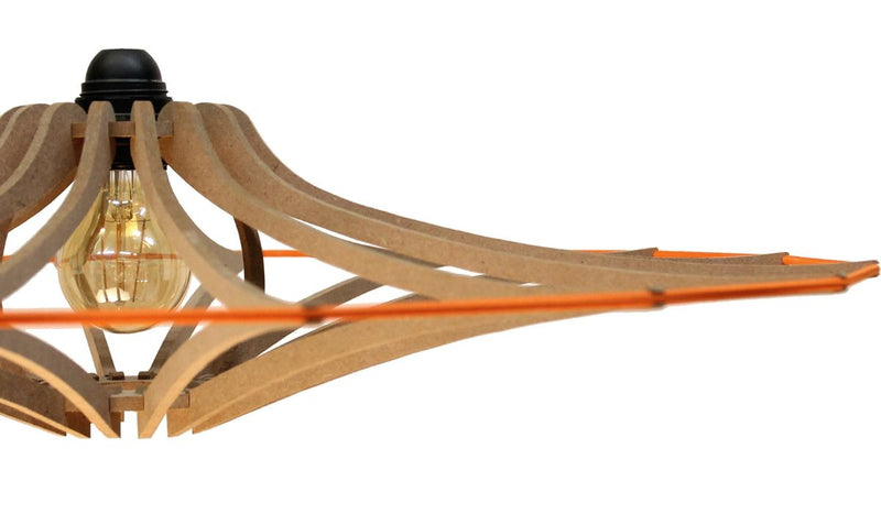 Contemporary Singing S pendant light, raw wood, orange elastic, linen &amp; wood finish