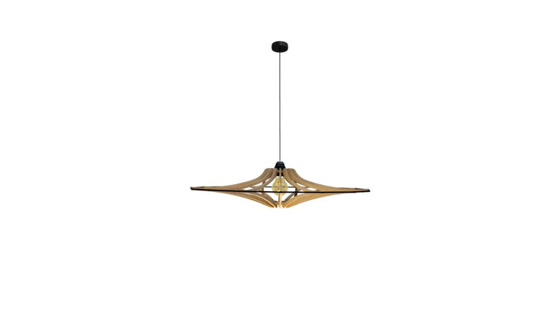 Contemporary Singing S pendant light, raw wood, black elastic, black cotton &amp; metal finish