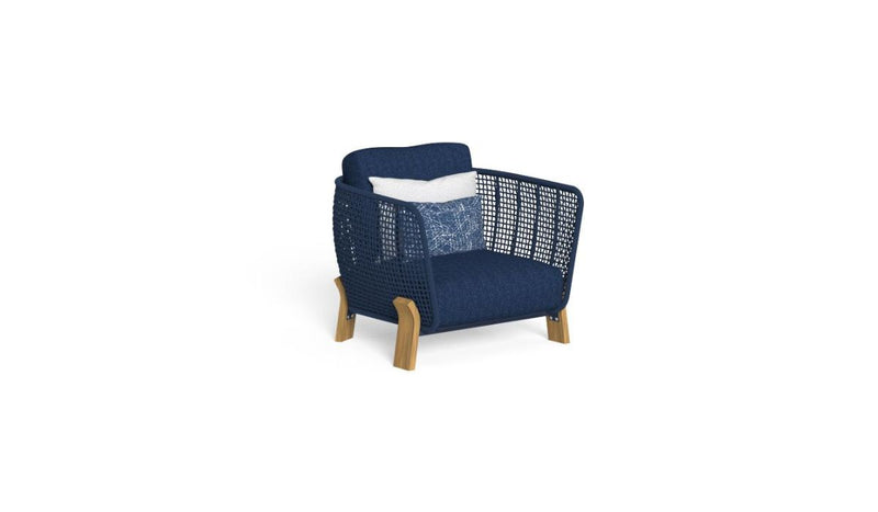 Wood - Fauteuil Living, base bois Accoya et tissu bleu