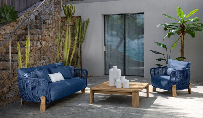 Love Seat - Canapé, base bois Accoya naturel et tissu ocean blue