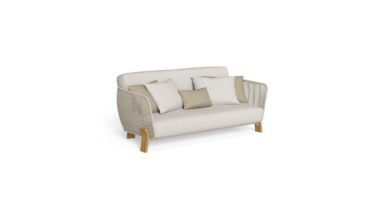 Love Seat - Sofa, natural Accoya wood base and beige fabric