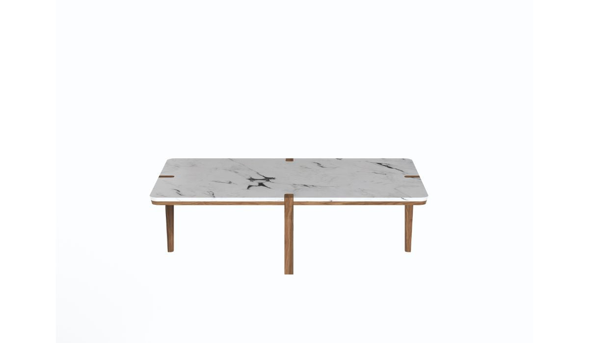 Table basse-Corner - Table basse rectangulaire, plateau en marbre Estremoz, pieds en noyer--NOVINEA-WEWOOD