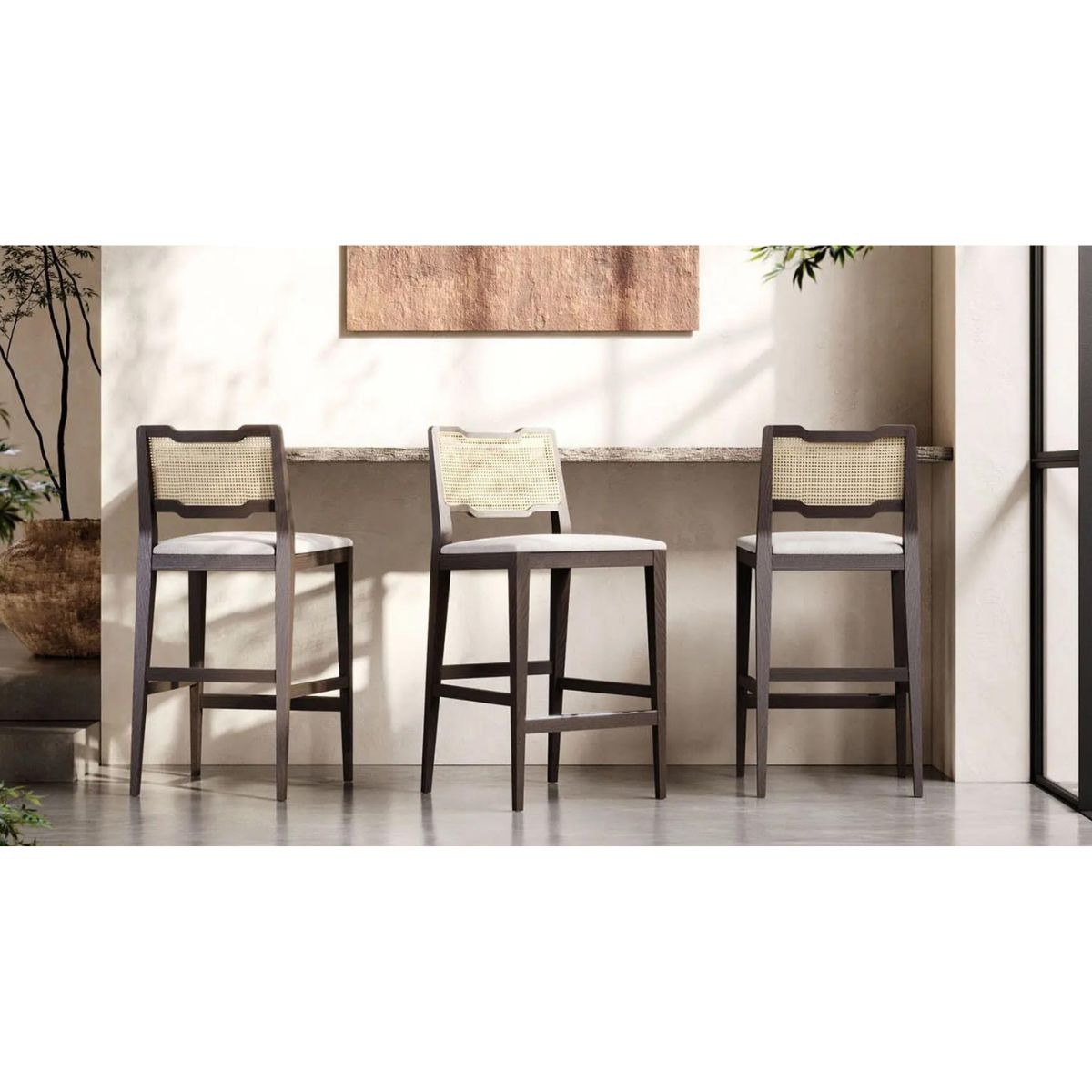 Chaise de bar-Eva - Chaise de bar et de comptoir-Chaise de comptoir : Tissus Helmand 02 & Structure frêne teinté fumé-NOVINEA-DOMKAPA