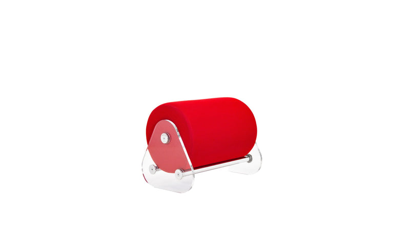 Pouf minimaliste Kuumo, PMMA transparent et tissu rouge