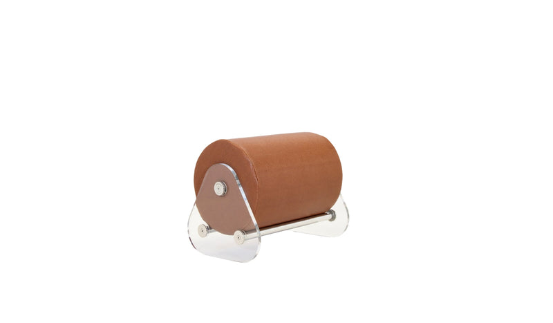 Kuumo minimalist pouf, transparent PMMA and brown vegan leather