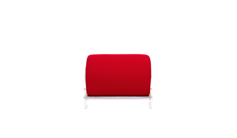 Pouf minimaliste Kuumo, PMMA transparent et tissu rouge