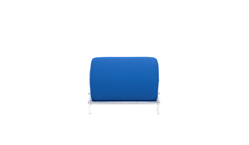 Kuumo minimalist pouf, transparent PMMA and blue fabric