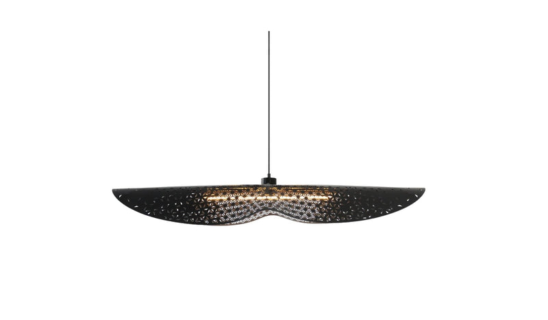 Bohemian pendant light Envole-moi, black recycled leather, 105cm, elongated bulb