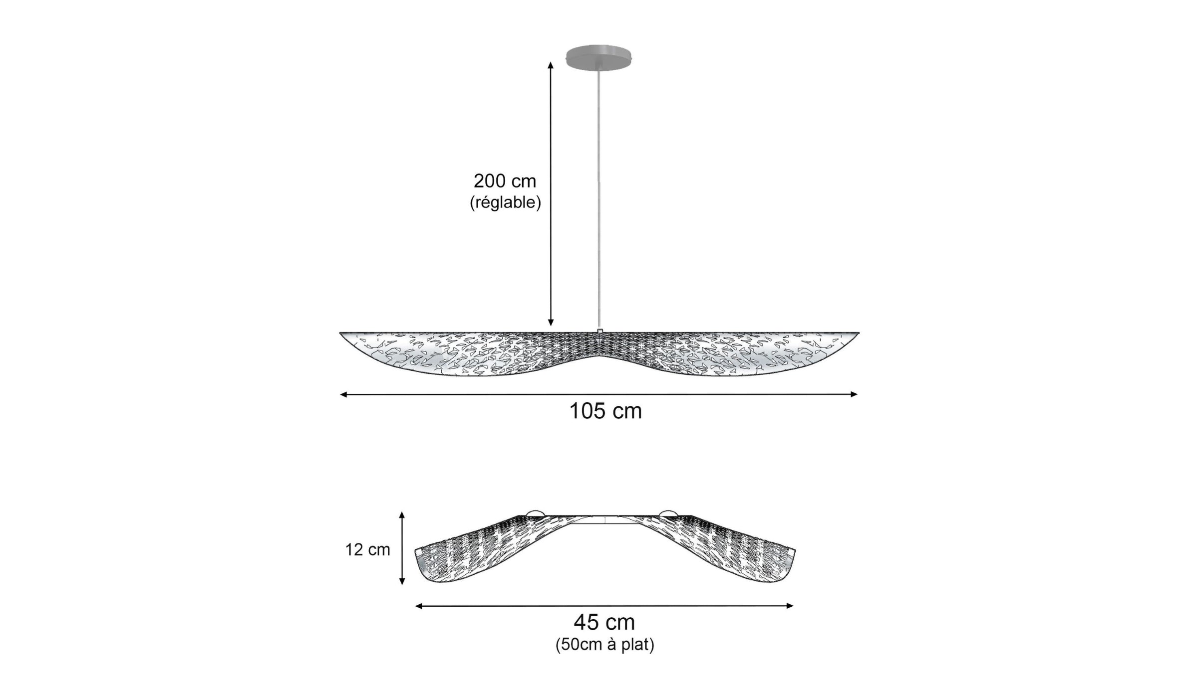 Suspension bohème Envole-moi, cuir recyclé noir, 105cm, ampoule standard