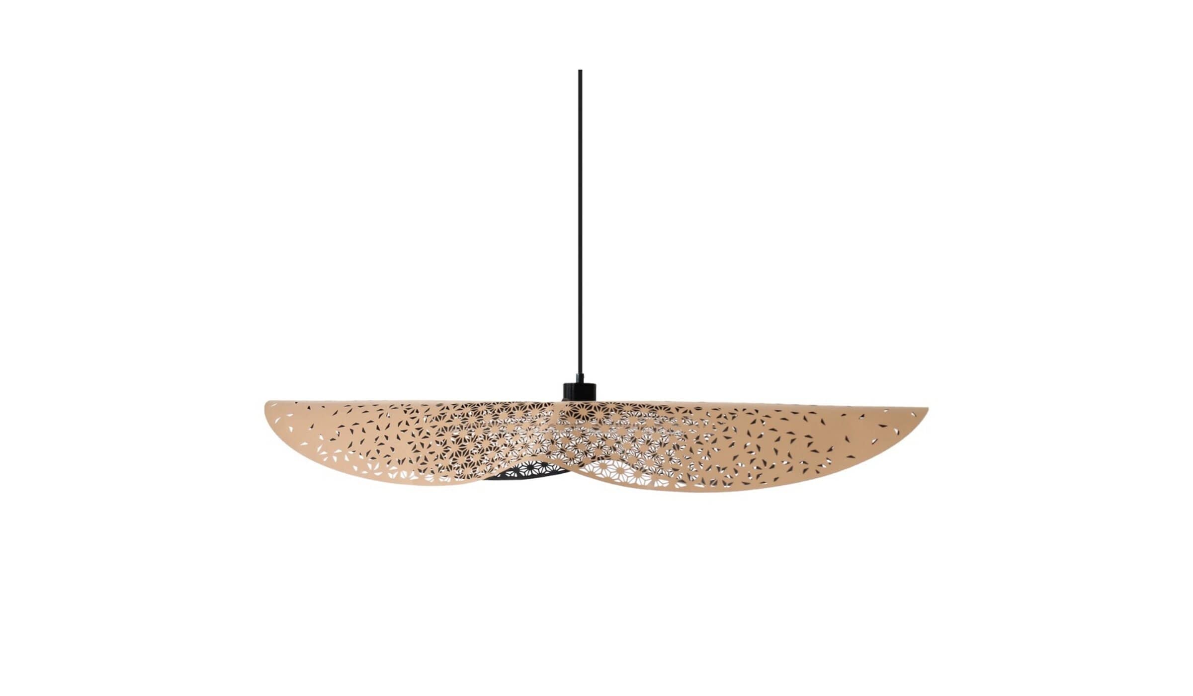 Bohemian pendant light Envole-moi, beige recycled leather, 105cm, elongated bulb