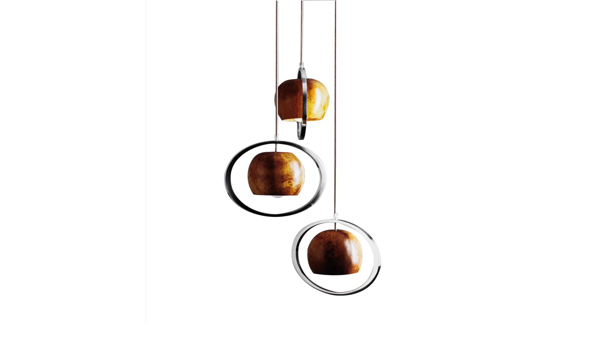 Saturno pendant light, pumpkin lampshade, recycled aluminum finish