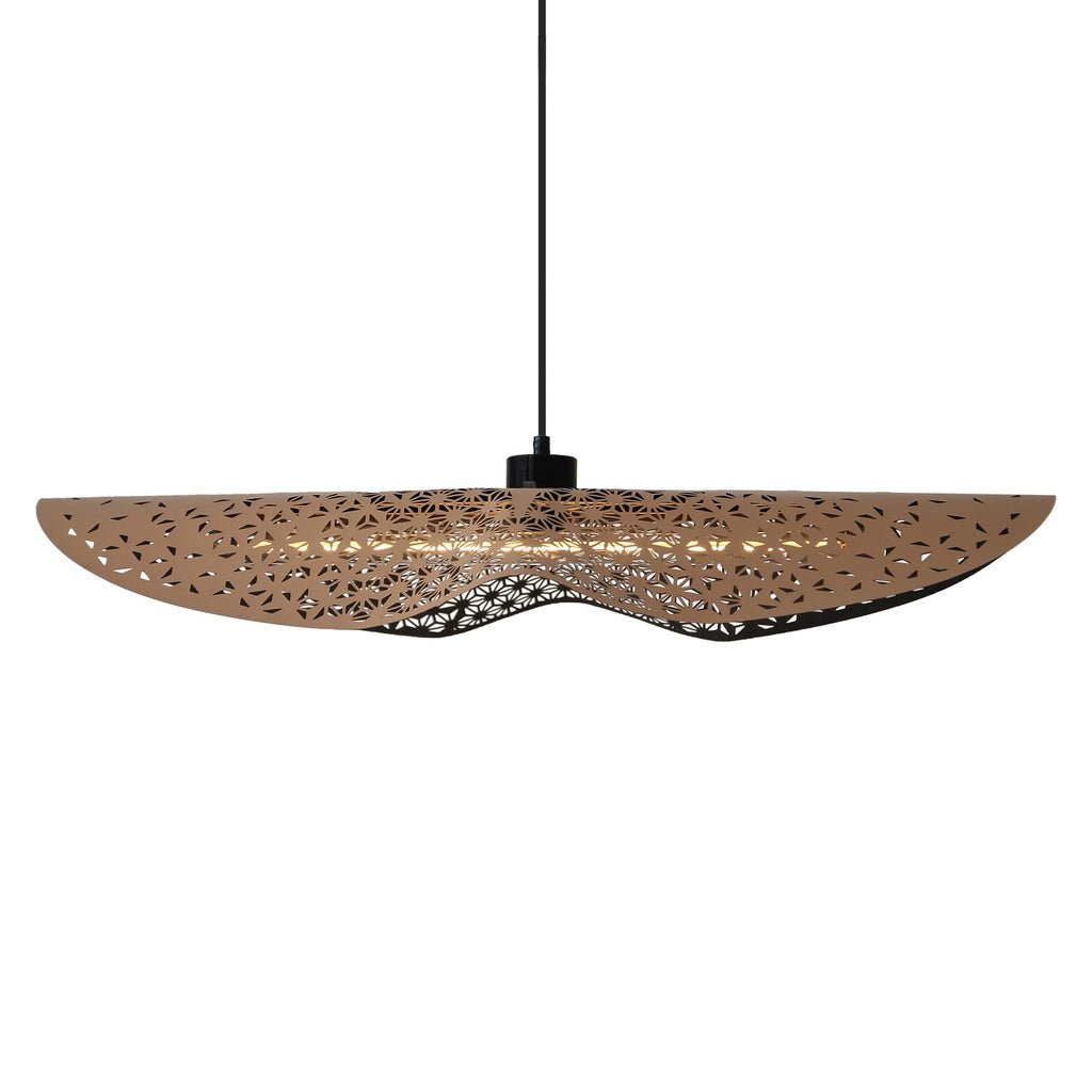 Bohemian pendant light Envole-moi, beige recycled leather, 75cm, elongated bulb