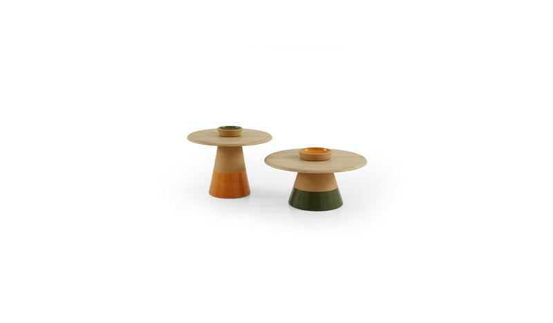 Duo de tables d'appoint Sablier, en chêne, orange & vert