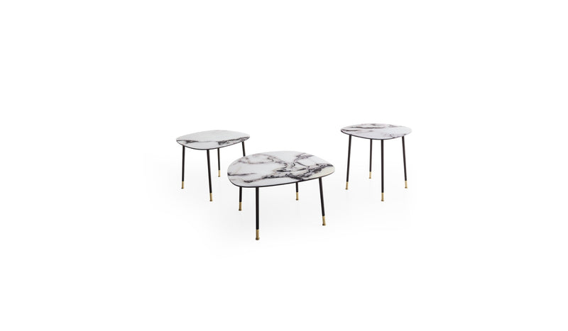 Trio of Pebble designer side tables, Trinity printed glass