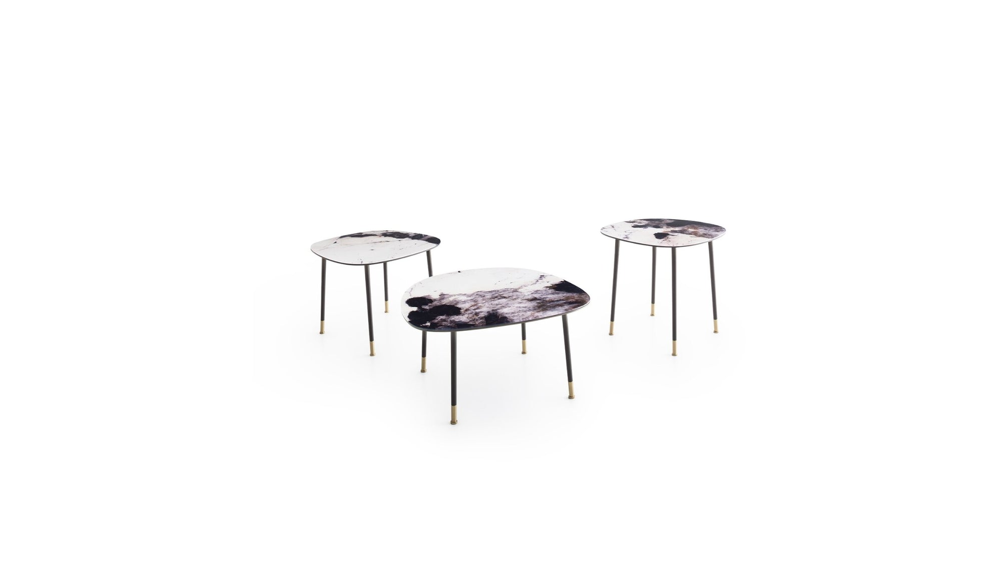 Trio of Pebble designer side tables, Patagonia printed glass