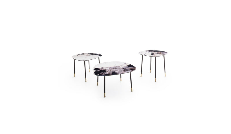 Trio de tables d'appoint design Pebble, verre imprimé Patagonia