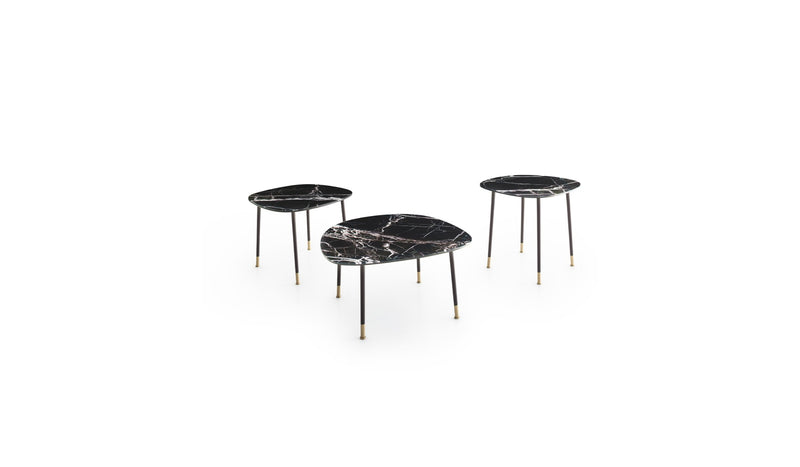 Trio of Pebble designer side tables, Breccia printed glass