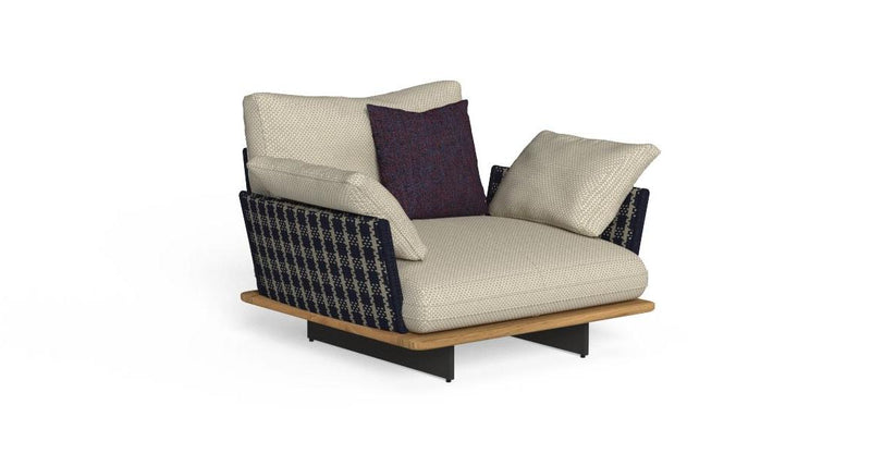 Venice - Fauteuil de jardin en teck, cordon beige, tissu tartan bleu