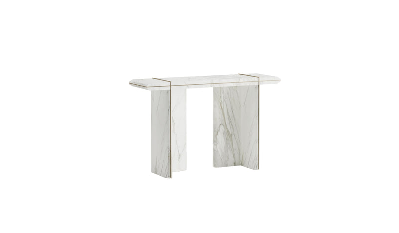 Andromeda minimalist design console, in Carrara marble and chromed metal