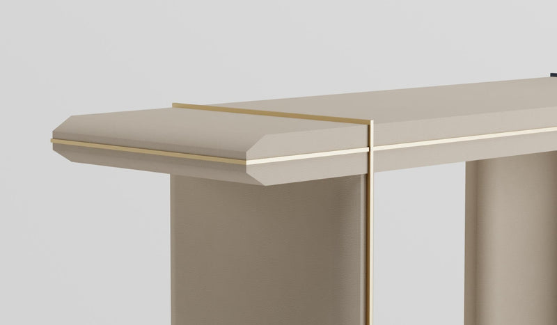 Console design minimaliste Andromeda, en cuir et métal doré