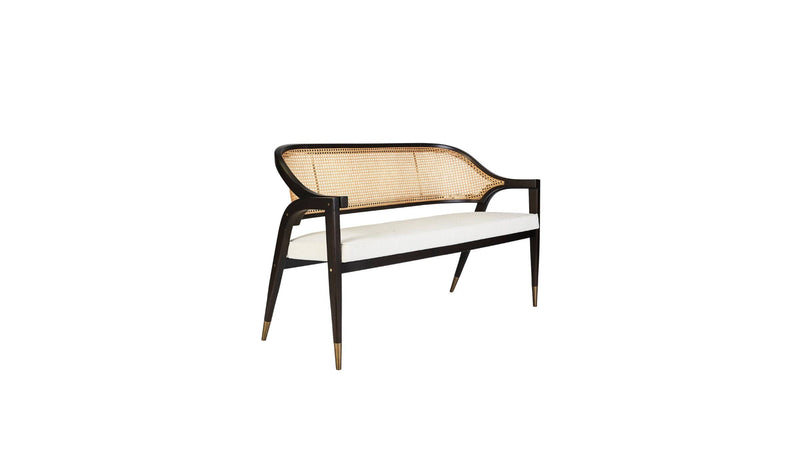 Banc luxueux Wormley en bois de sycomore, tissu blanc et laiton brossé