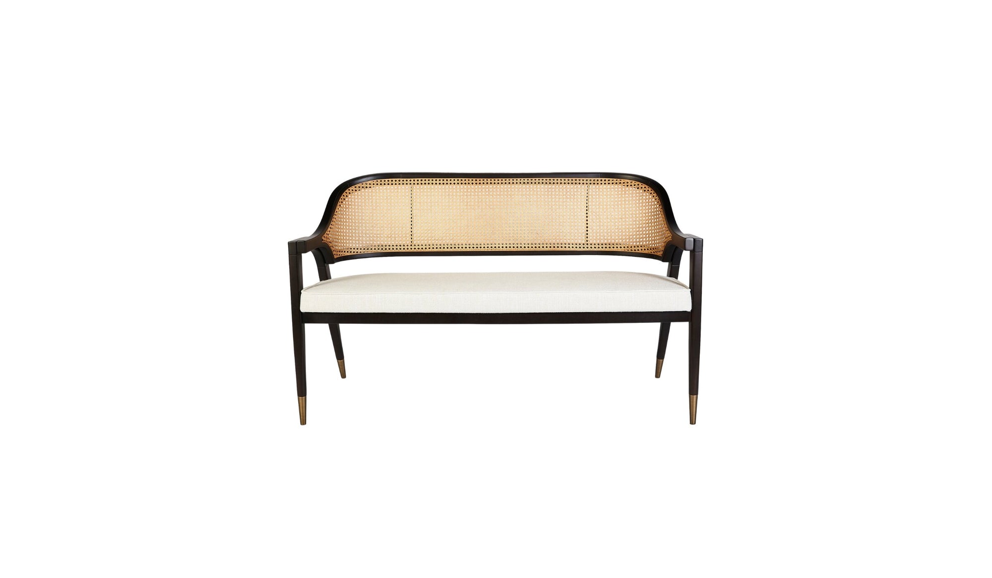 Wormley luxury bench in sycamore wood, white fabric and brushed brass