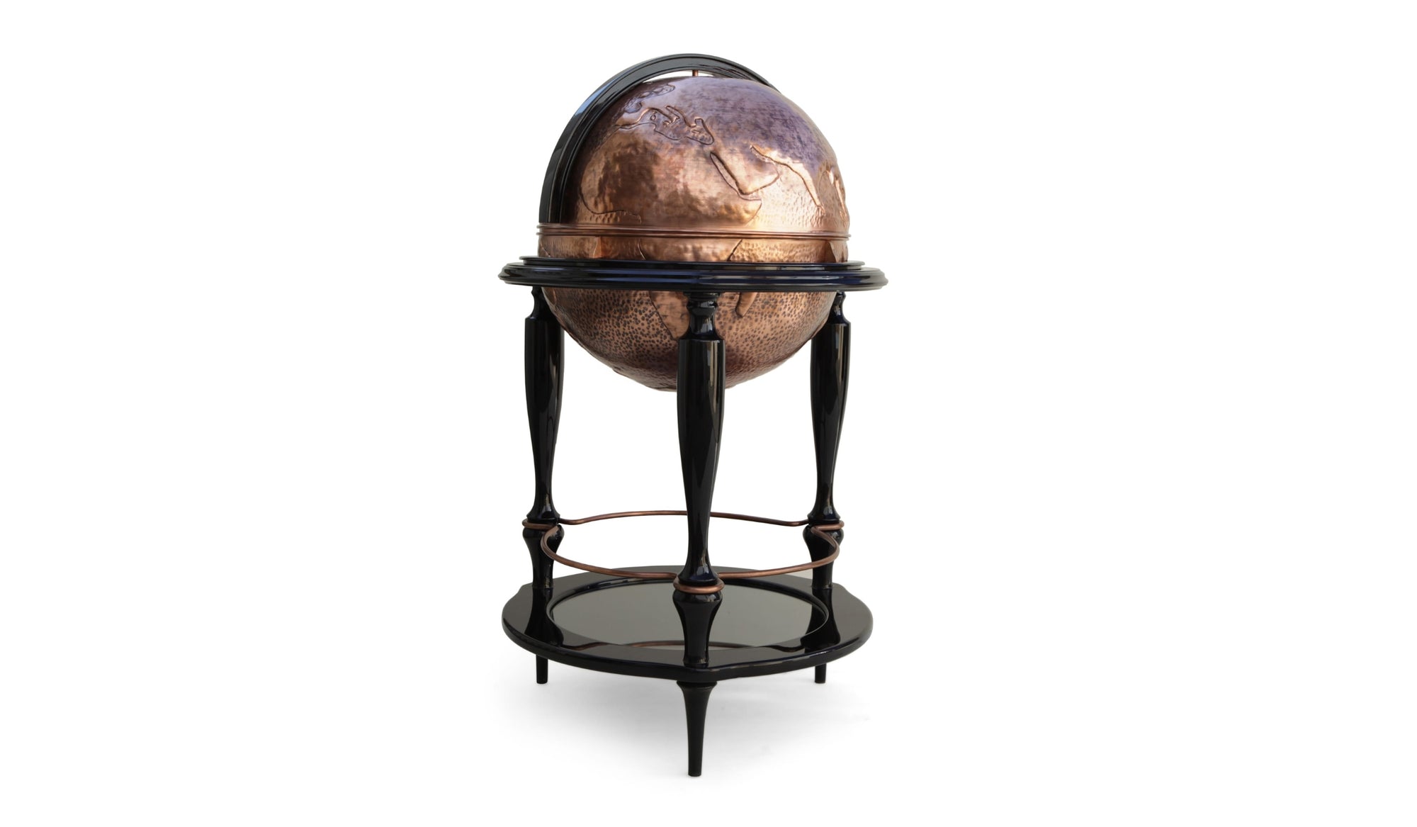 Equator - Elegant globe bar in hand-hammered copper and black lacquered wood