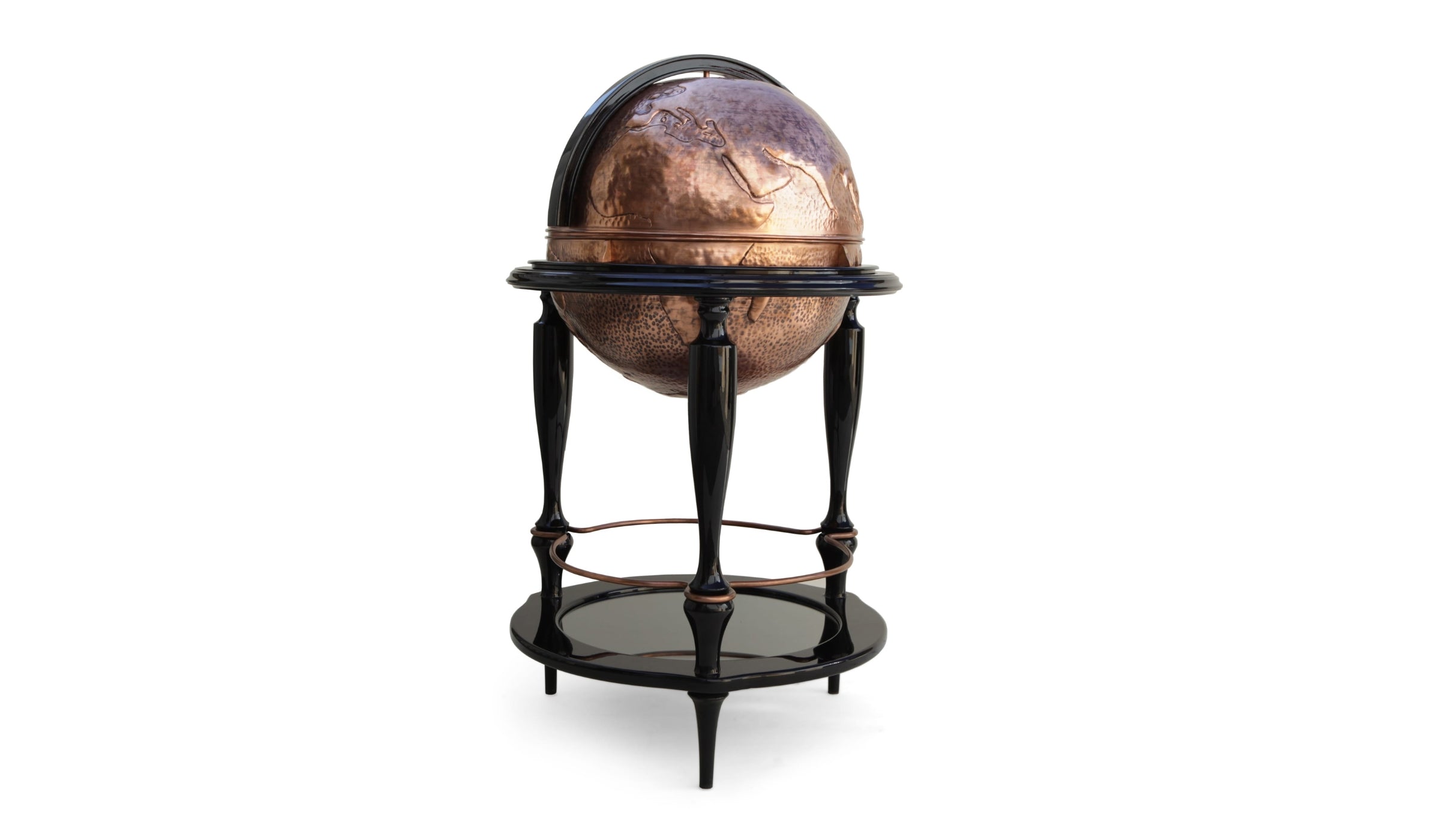 Equator - Bar globe élégant en cuivre martelé à la main et bois laqué noir