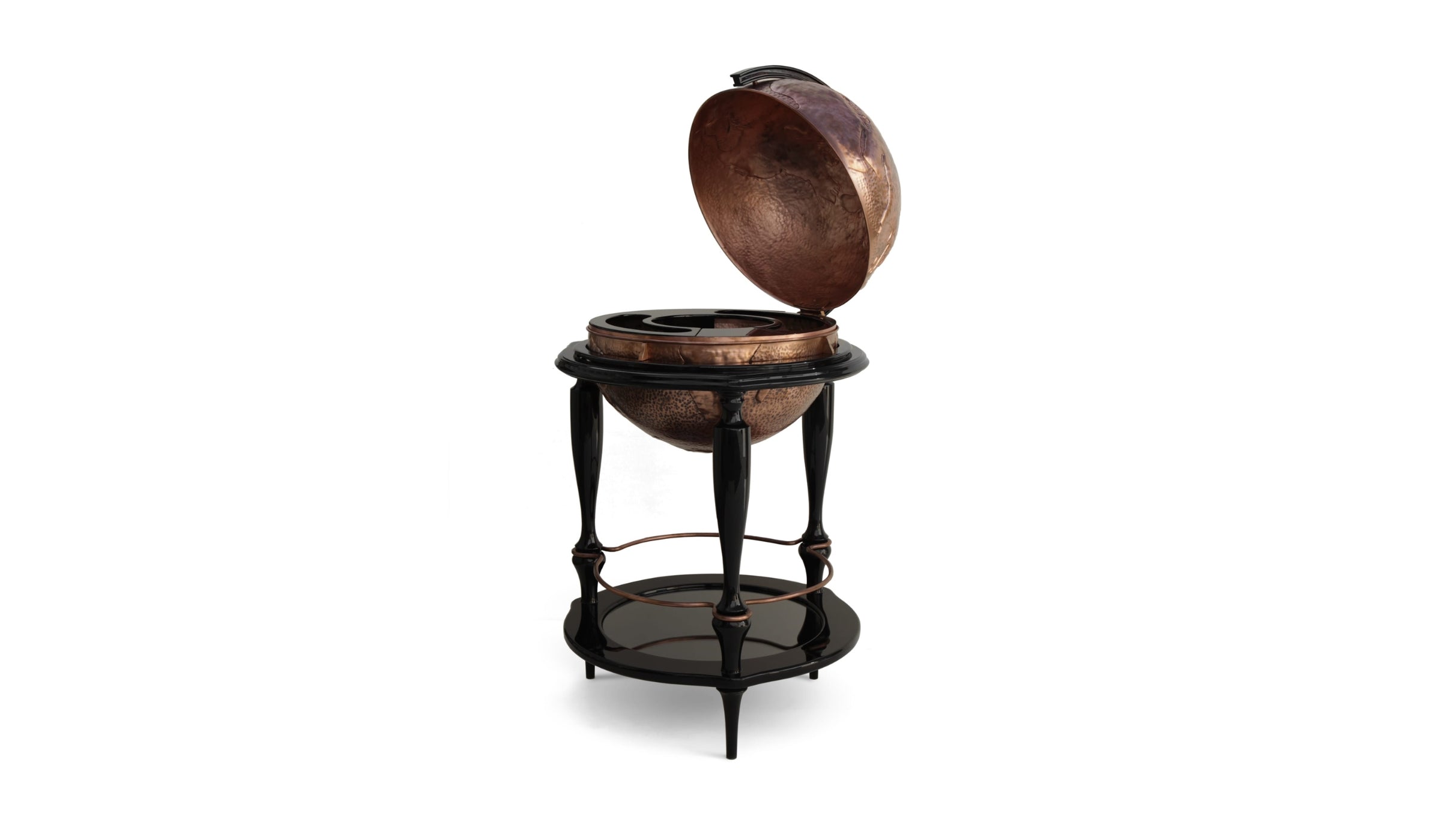 Equator - Elegant globe bar in hand-hammered copper and black lacquered wood