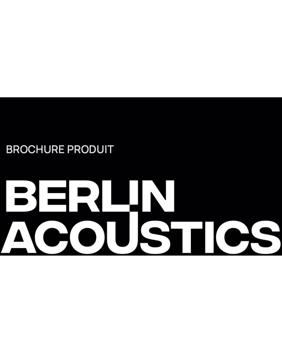 Couverture de brochure produit “Berlin Acoustics” en noir et blanc, typographie bold sur fond graphique épuré