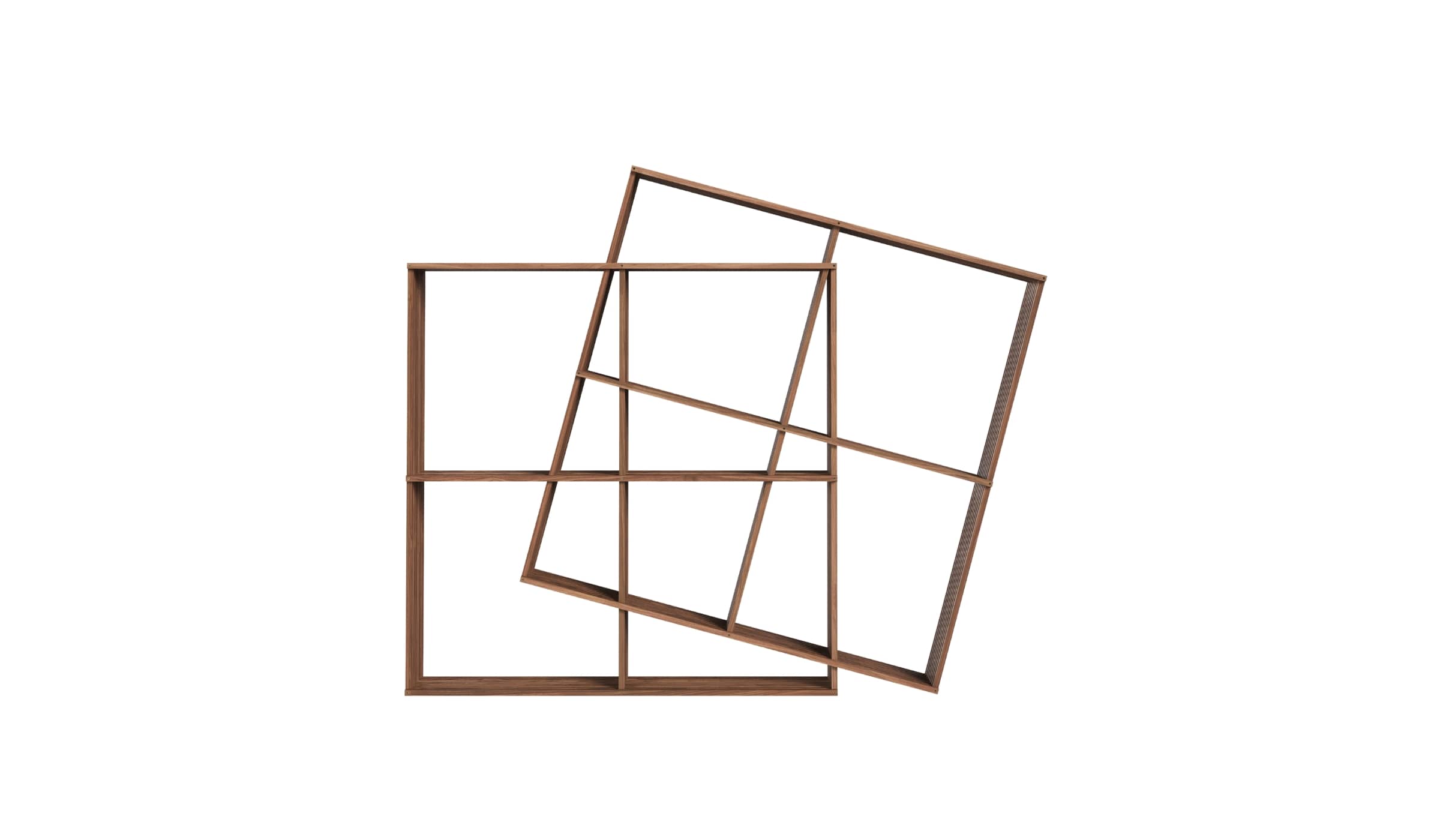 Bibliothèque en bois de noyer à étagères croisées asymétriques, vue frontale sur fond blanc, modèle X2 Wewood