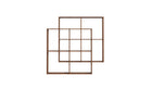 Bibliothèque en bois de noyer à étagères croisées asymétriques, vue frontale sur fond blanc, modèle X2 Wewood